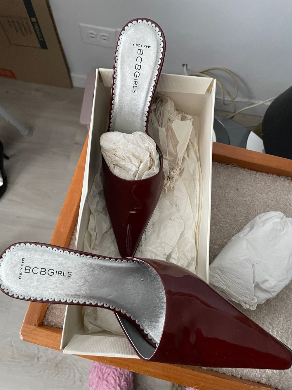 BCBGirls Burgundy Patent Pointed-Toe Slip-On Mules